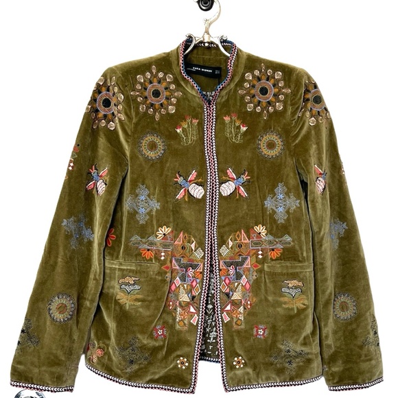 ZARA TRINNY MOSS GREEN EMBROIDERED FLORAL VELVET BOHO BLAZER JACKET Size… - Picture 4 of 16